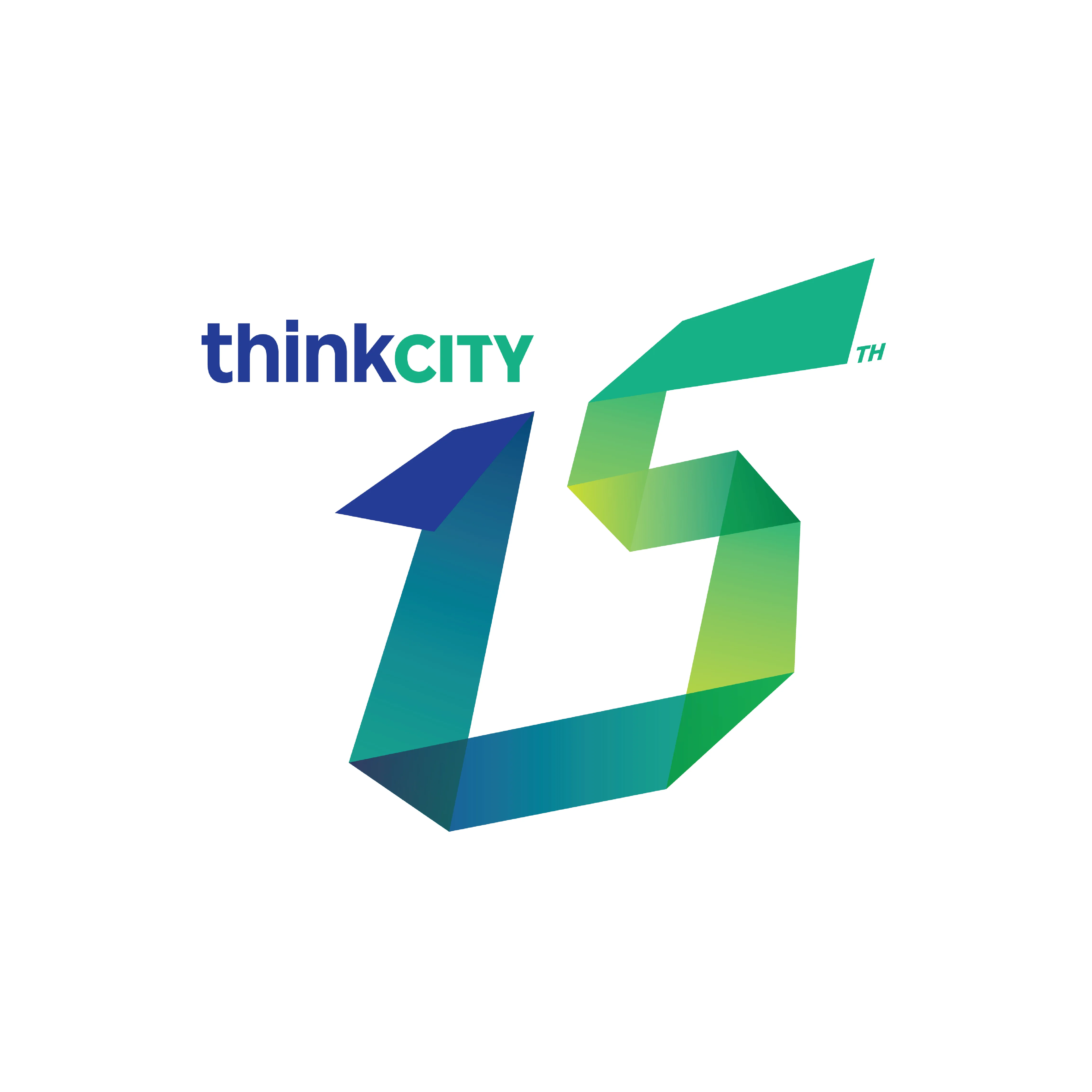 thinkCITY logo with stylized "15" in blue to green gradient.