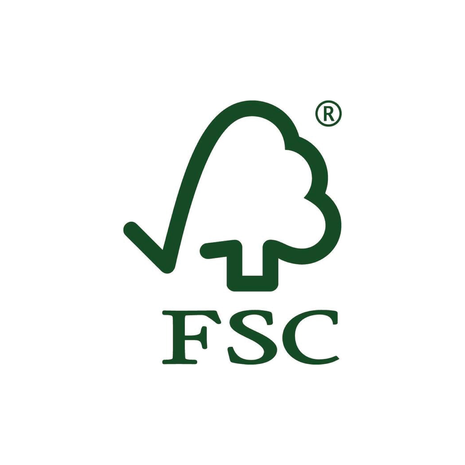 FSC logo with a stylized tree and check mark in green and "FSC" text below, trademarked.