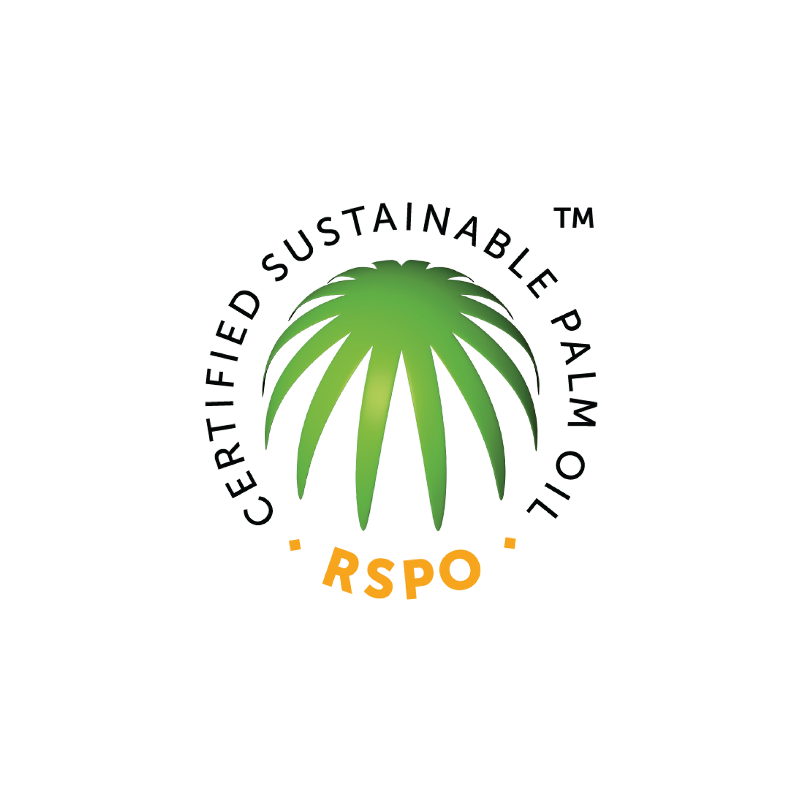 Green palm symbol with "Certified Sustainable Palm Oil" and "RSPO" in bold orange letters.
