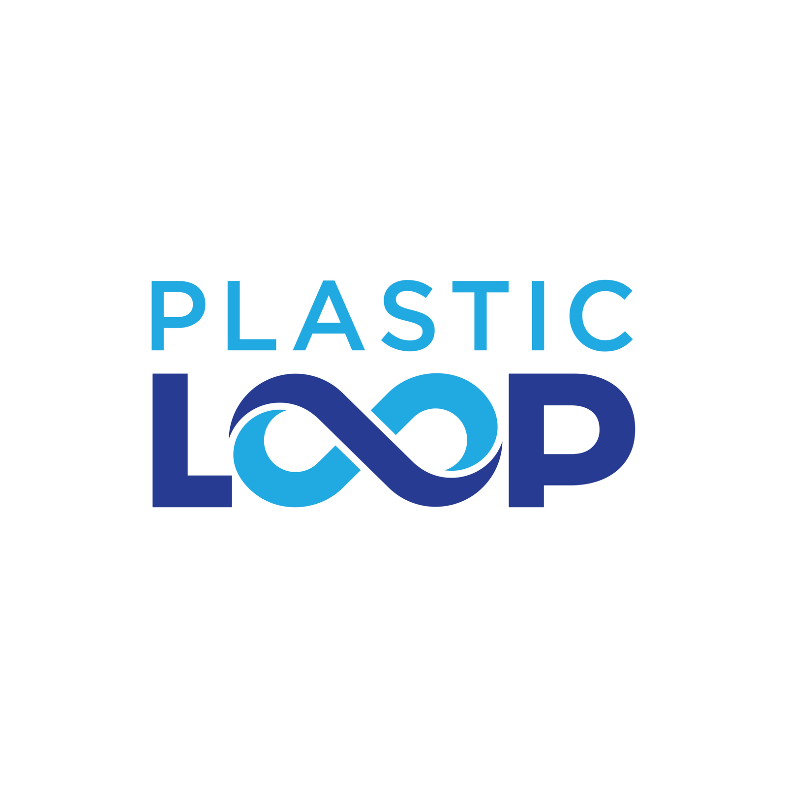 Plastic Loop logo with "OO" in infinity symbol, "PLASTIC" light blue, "LOOP" dark blue.