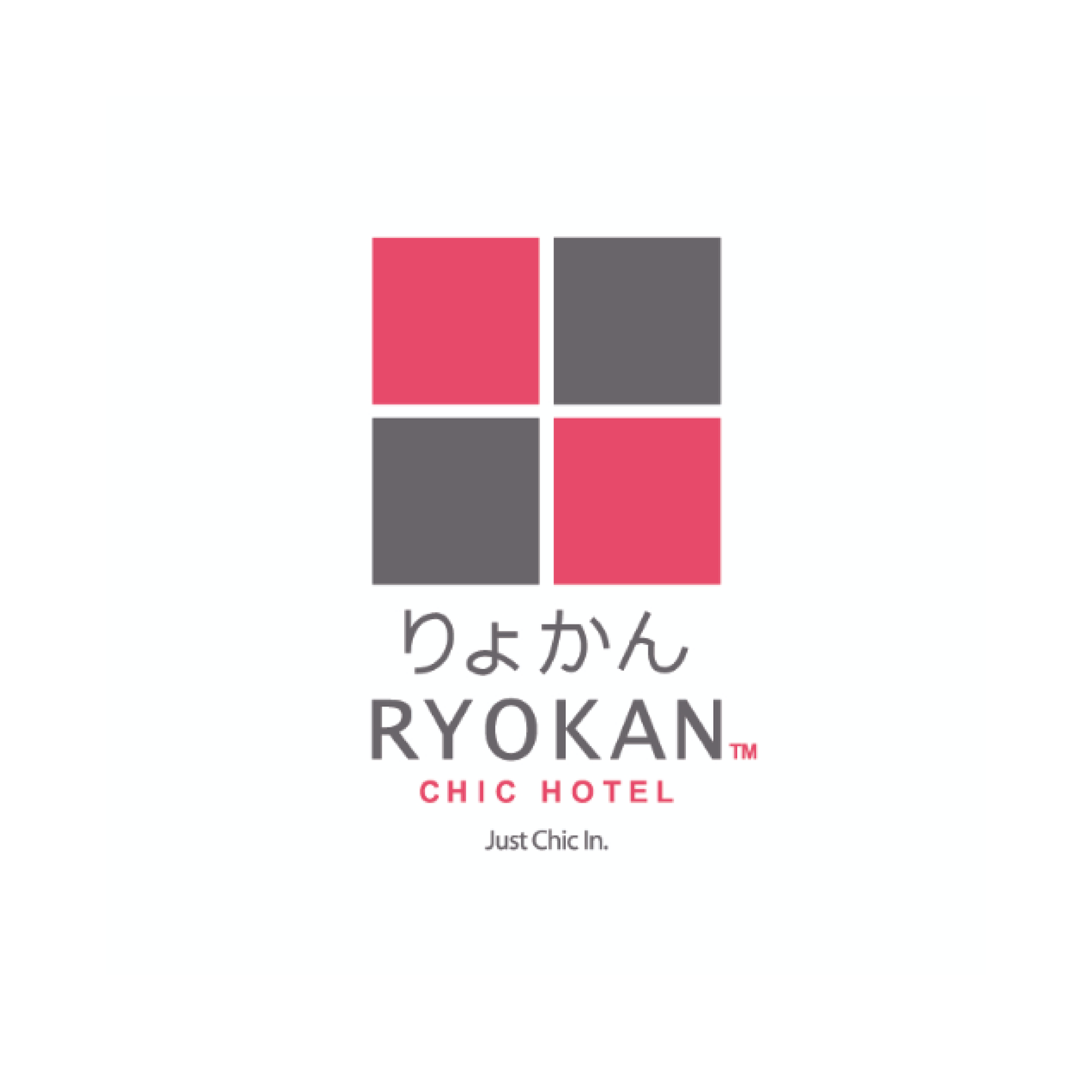 Logo of Ryokan Chic Hotel with red and gray squares, Japanese text, and tagline "Just Chic In."