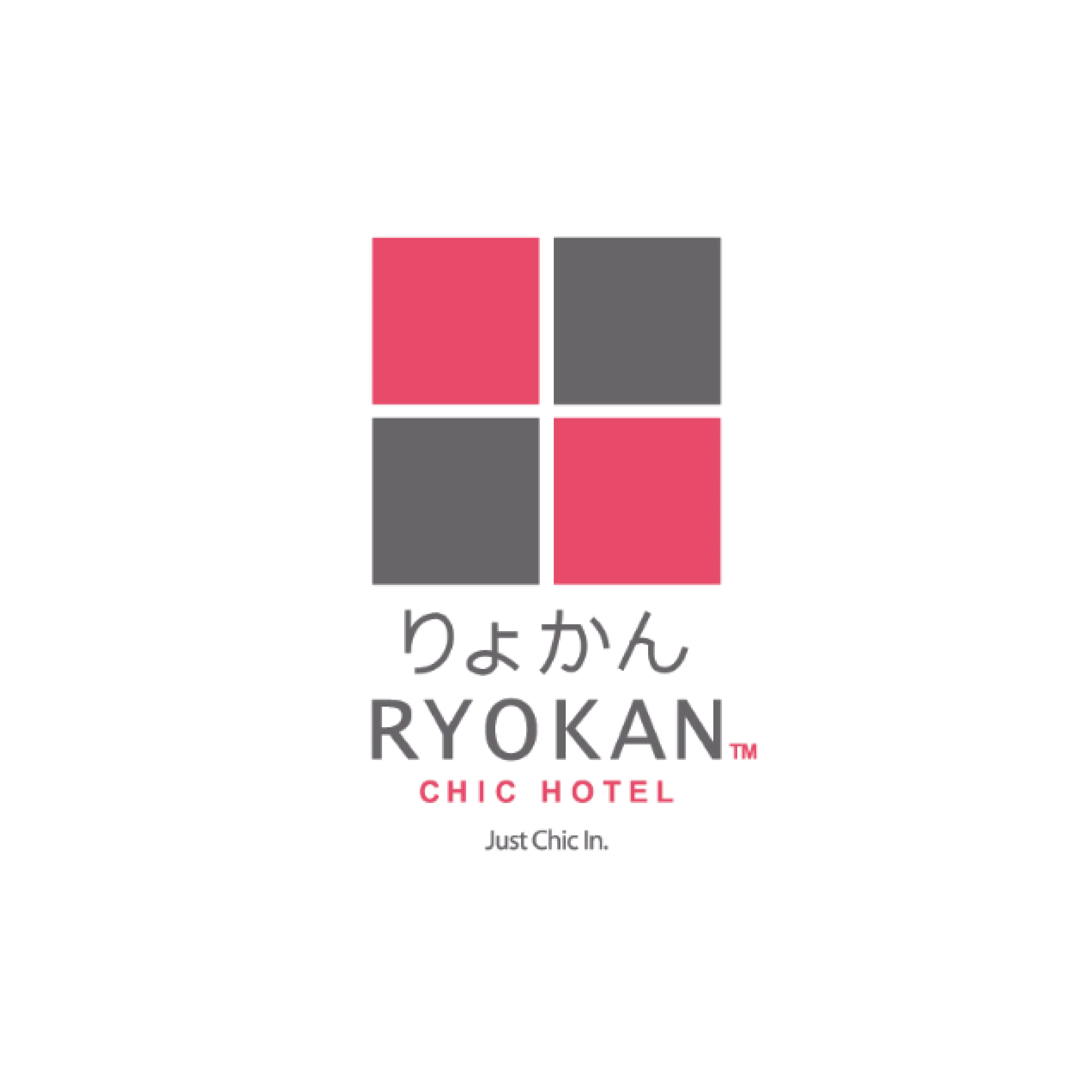 Logo of Ryokan Chic Hotel with red and gray squares, Japanese text, and tagline "Just Chic In."
