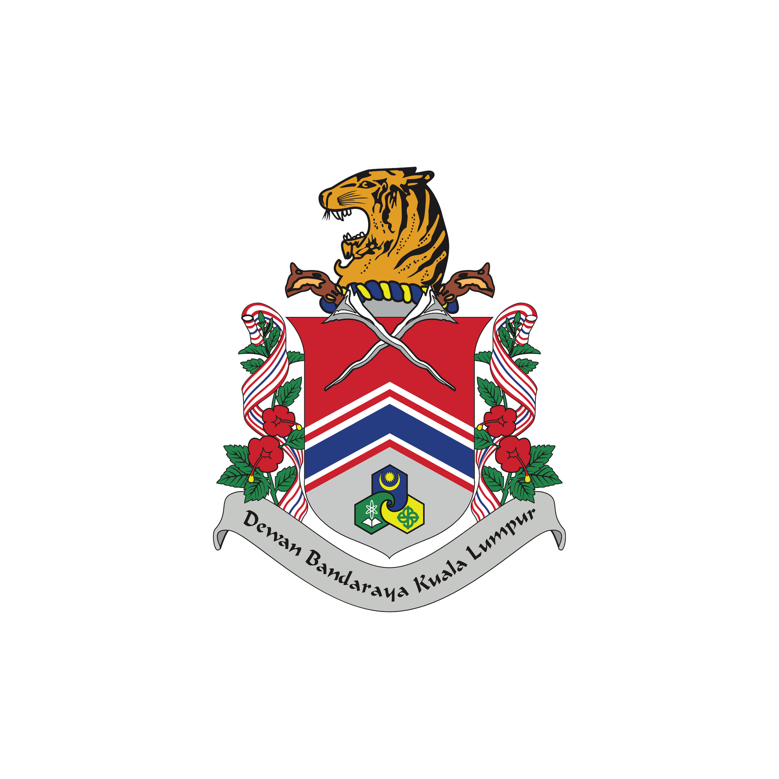 Coat of arms with a tiger, crossed weapons, chevron shield, garlands, and "Dewan Bandaraya Kuala Lumpur."