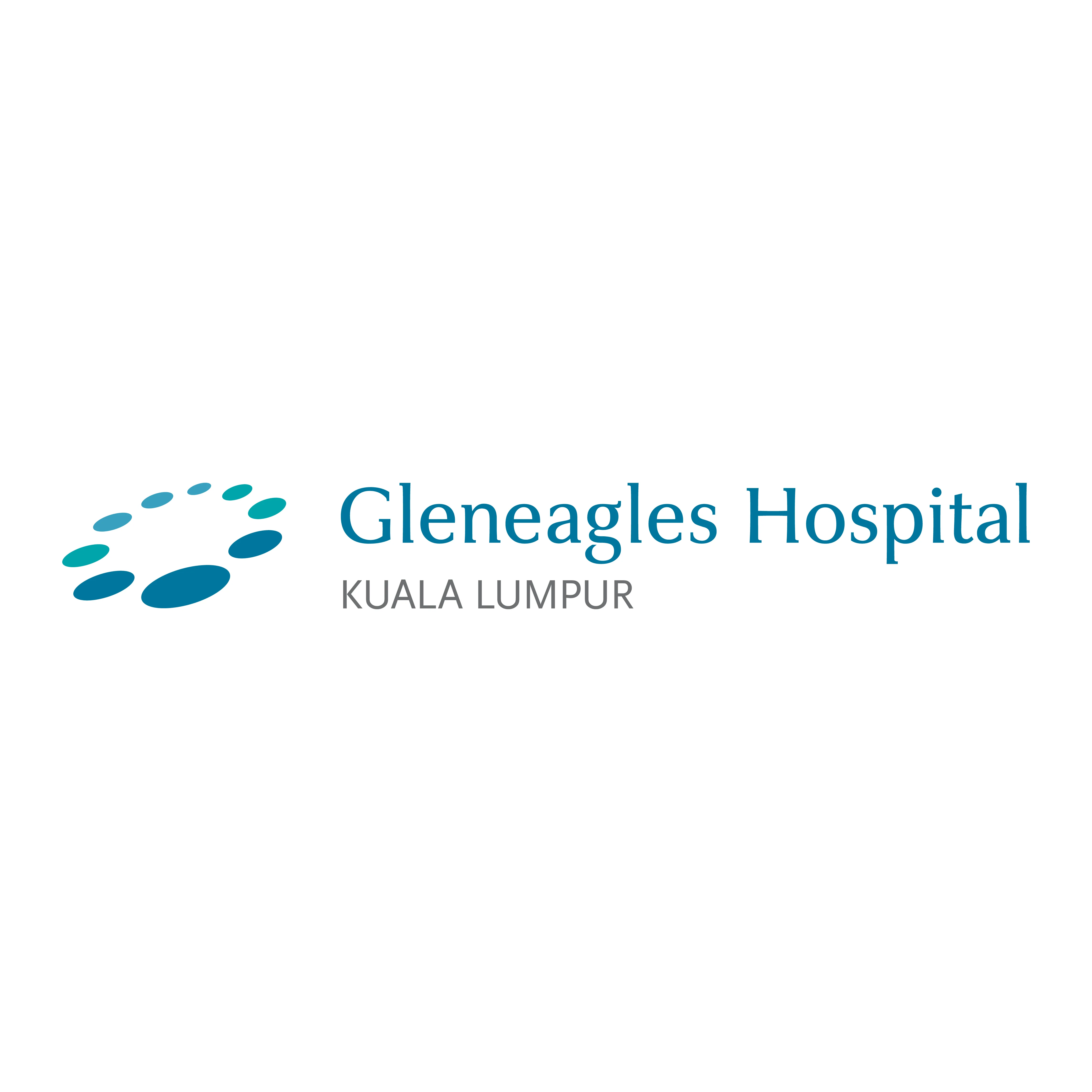 Gleneagles Hospital Kuala Lumpur logo with blue ovals in a circular pattern next to blue text
