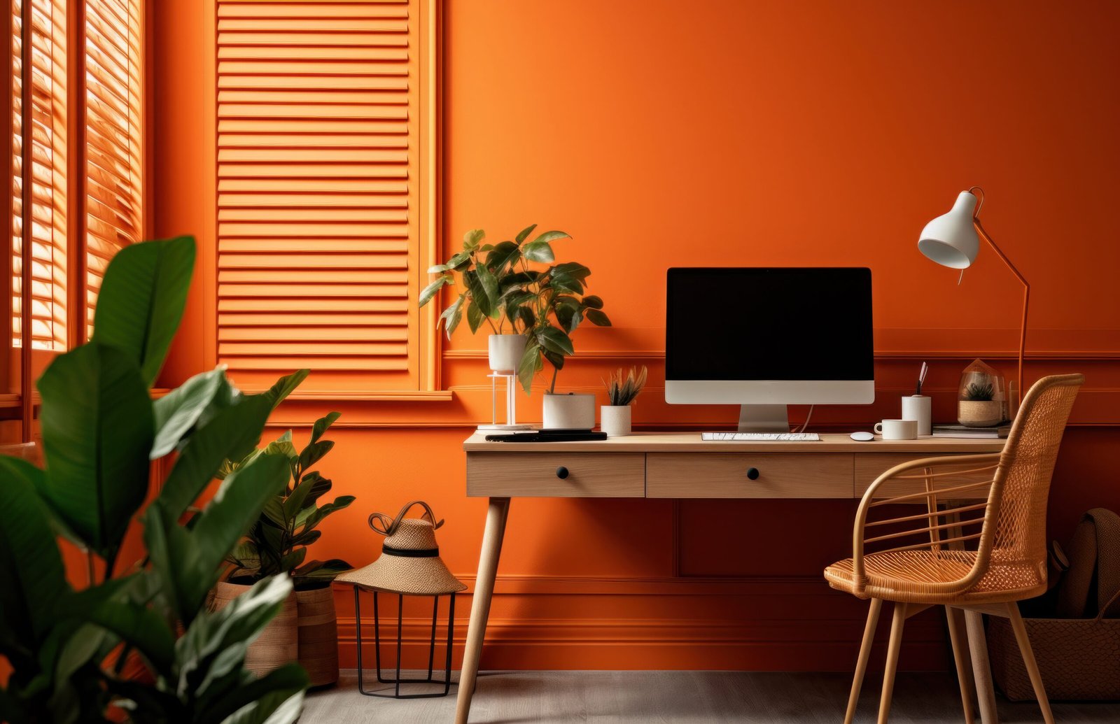 Home office with orange wall, wooden desk, computer, lamp, plants, wicker chair, and hat stand.