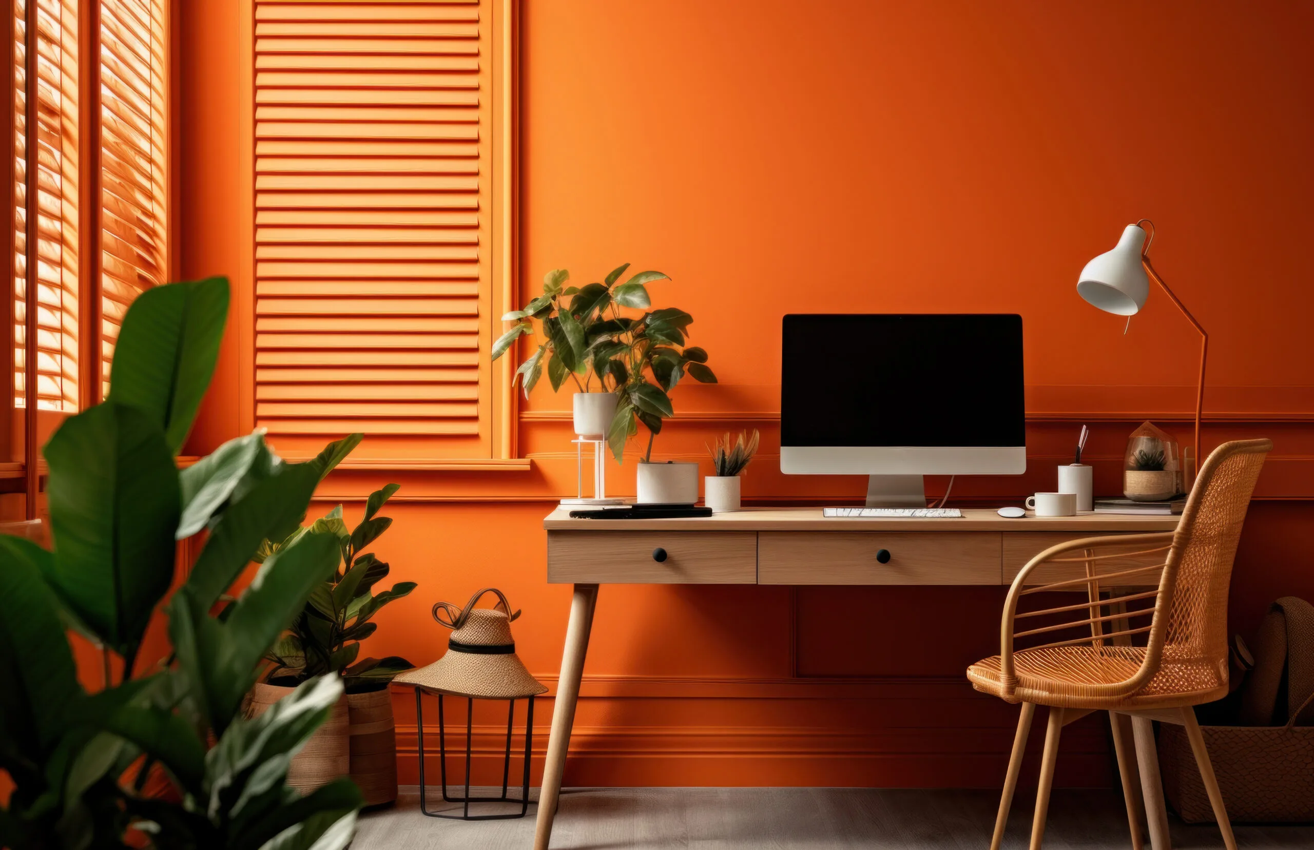 Home office with orange wall, wooden desk, computer, lamp, plants, wicker chair, and hat stand.
